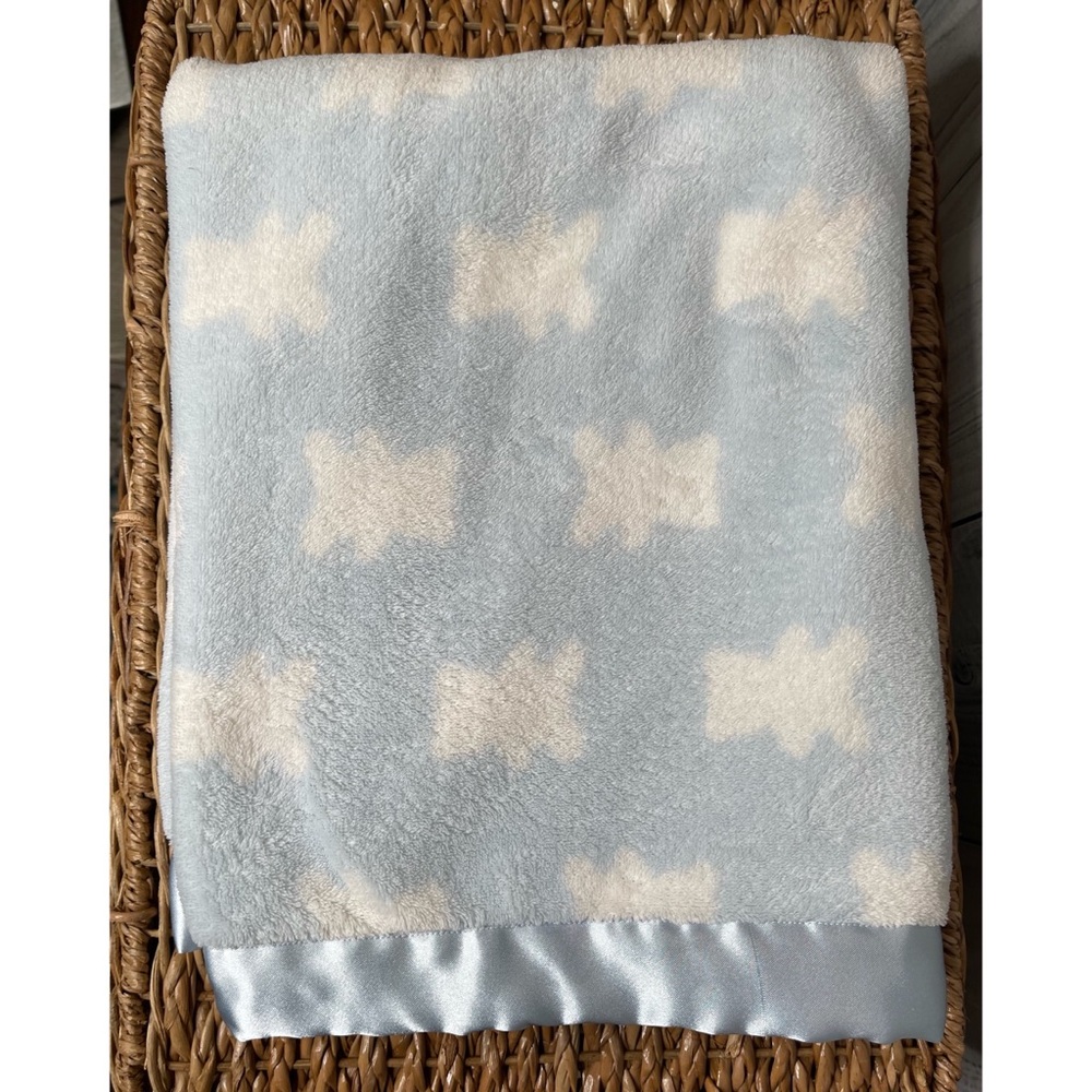 Absorba Baby Blanket Soft Fleece Satin Border Blue & White Teddy Bears Security
